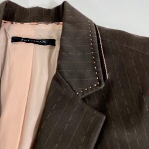 Elie Tahari Brown Pinstripe Blazer Jacket Size 8 Pink Stitching Lined Workwear
